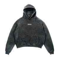 Black hoodie with a brand logo on a white background