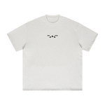 White t-shirt with a small black graphic on a white background