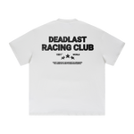 White t-shirt with 'Deadlast Racing Club' text on a white background