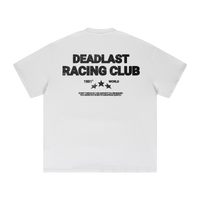 White t-shirt with 'Deadlast Racing Club' text on a white background