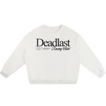 White sweatshirt with 'Deadlast Racing Club' text on a white background