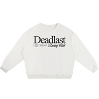 White sweatshirt with 'Deadlast Racing Club' text on a white background
