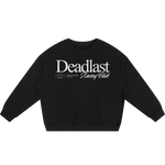 Black sweatshirt with 'Deadlast Racing Club' text on a white background