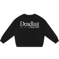 Black sweatshirt with 'Deadlast Racing Club' text on a white background