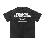 Black t-shirt with 'Deadlast Racing Club' text and graphics on a white background