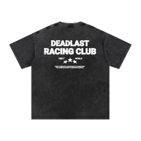 Black t-shirt with 'Deadlast Racing Club' text and graphics on a white background
