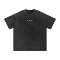Black t-shirt with a small white logo on a white background