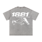 Gray t-shirt with white graphic design on a white background