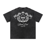 Black t-shirt with white graphic design on a white background