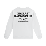 White long-sleeve shirt with 'Deadlast Racing Club' text on the back against a white background