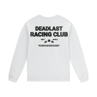 White long-sleeve shirt with 'Deadlast Racing Club' text on the back against a white background