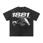 Black t-shirt with white graphic design on a white background