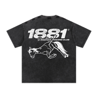 Black t-shirt with white graphic design on a white background