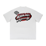 White t-shirt with a logo and text on the back against a white background