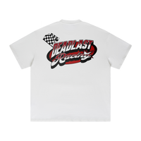 White t-shirt with a logo and text on the back against a white background