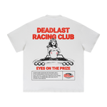 White t-shirt with 'Deadlast Racing Club' graphic design on a white background