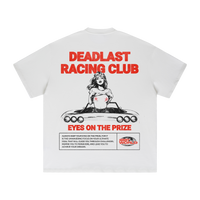 White t-shirt with 'Deadlast Racing Club' graphic design on a white background