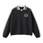 Black sweatshirt with white stripes and a logo on a white background