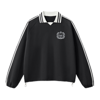 Black sweatshirt with white stripes and a logo on a white background