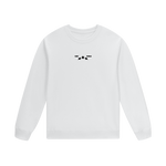 White sweatshirt with black graphic on the back against a white background
