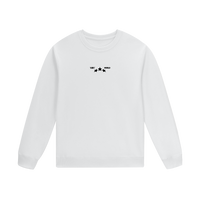 White sweatshirt with black graphic on the back against a white background